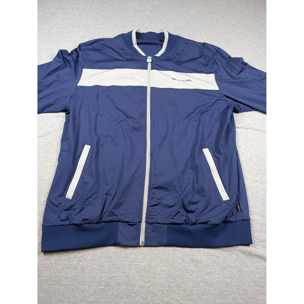 Travis Mathew Track Jacket Mens 2XL Blue White Full Zip Colorblock Golf Nylon